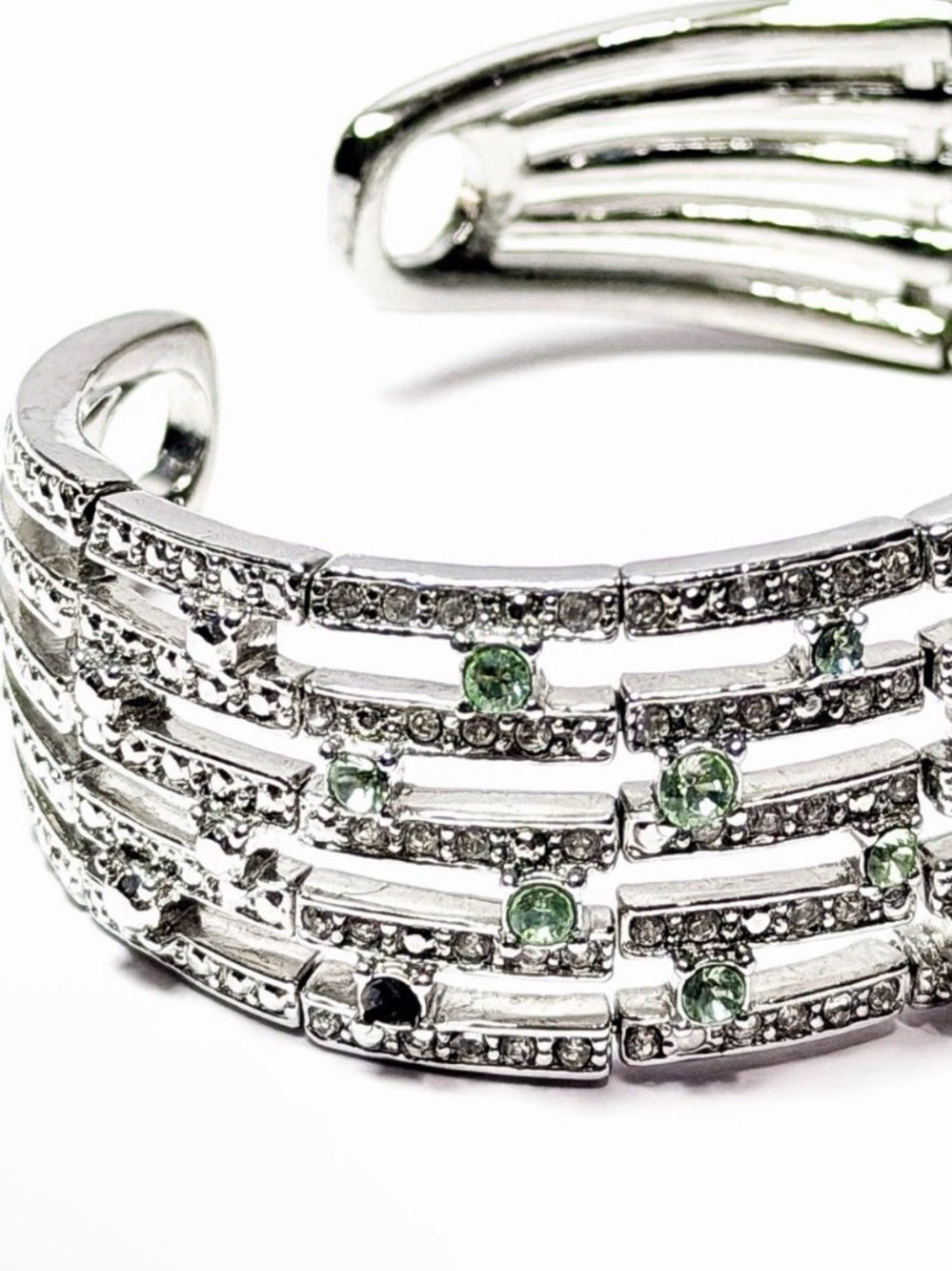 Monet Silver Tone Green Rhinestone Bracelet Wide Cuff Pave❗️1 Stone Missing - Picture 3 of 7